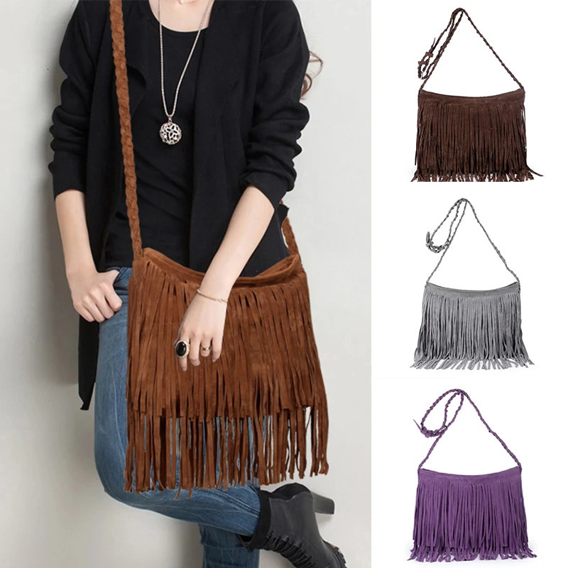 Ship from US Womens Fringed Leather Shoulder Bag with Knitting Strap Soft Ethnic Style PU Messenger Solid Color Tassels Handbag 250227FBB