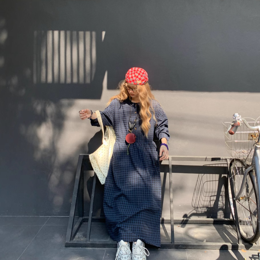 F118 Temperament College Style Japanese Long Sleeve Plaid Dress Spring New Style Age Reducing Loose Covering Meat Senior Long Dress