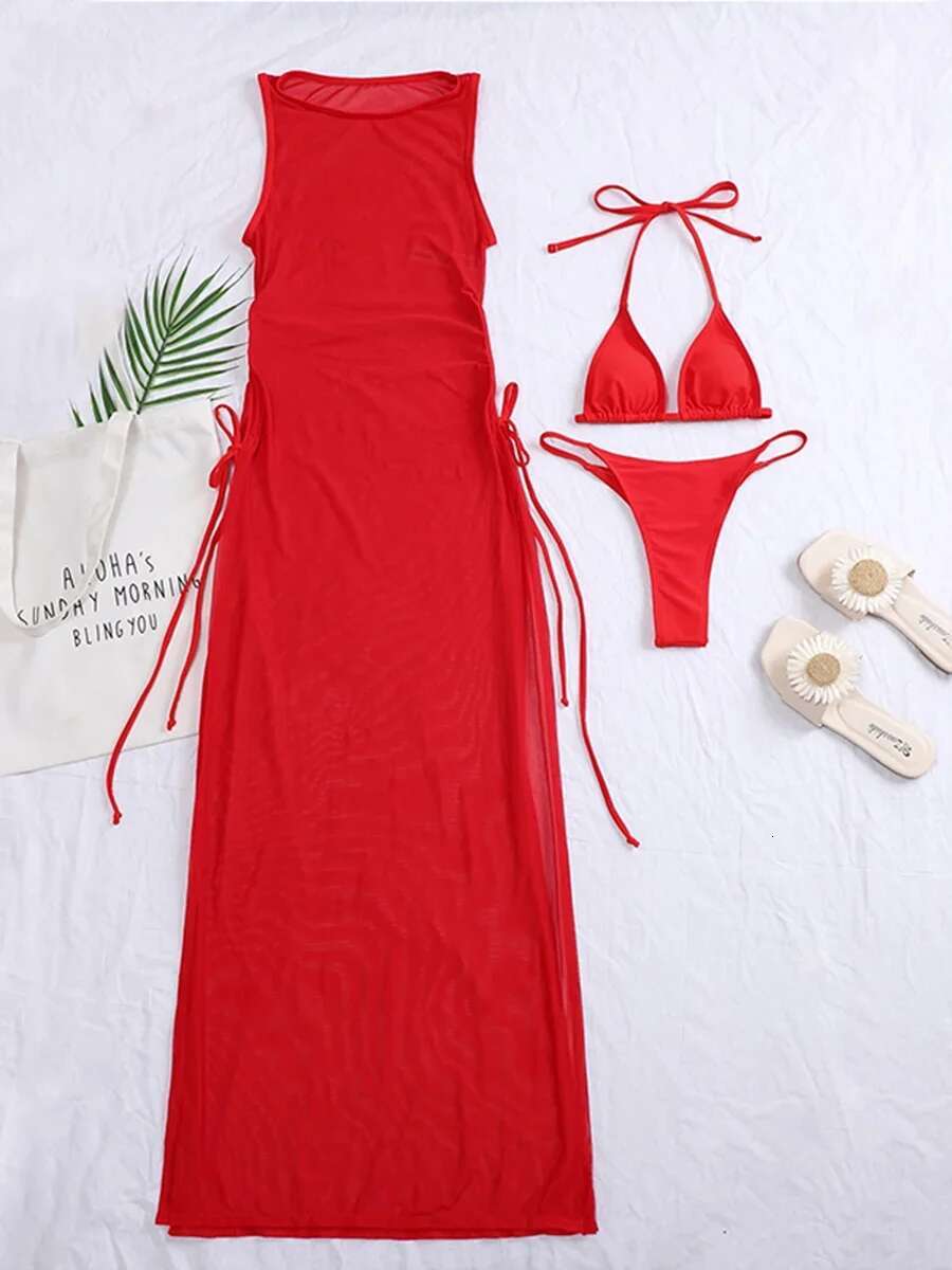 3 Pieces Thong Bikini 2024 Women With Dress String Swimwear Female Solid Swimsuit Beach Wear Bathing Swimming Suit Summer