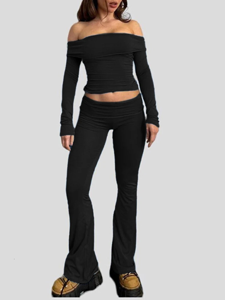 Women Solid Skinny Ruched Off Shoulder Long Sleeve Tee Shirt And Flared Pants 2 Pieces Sets 250226