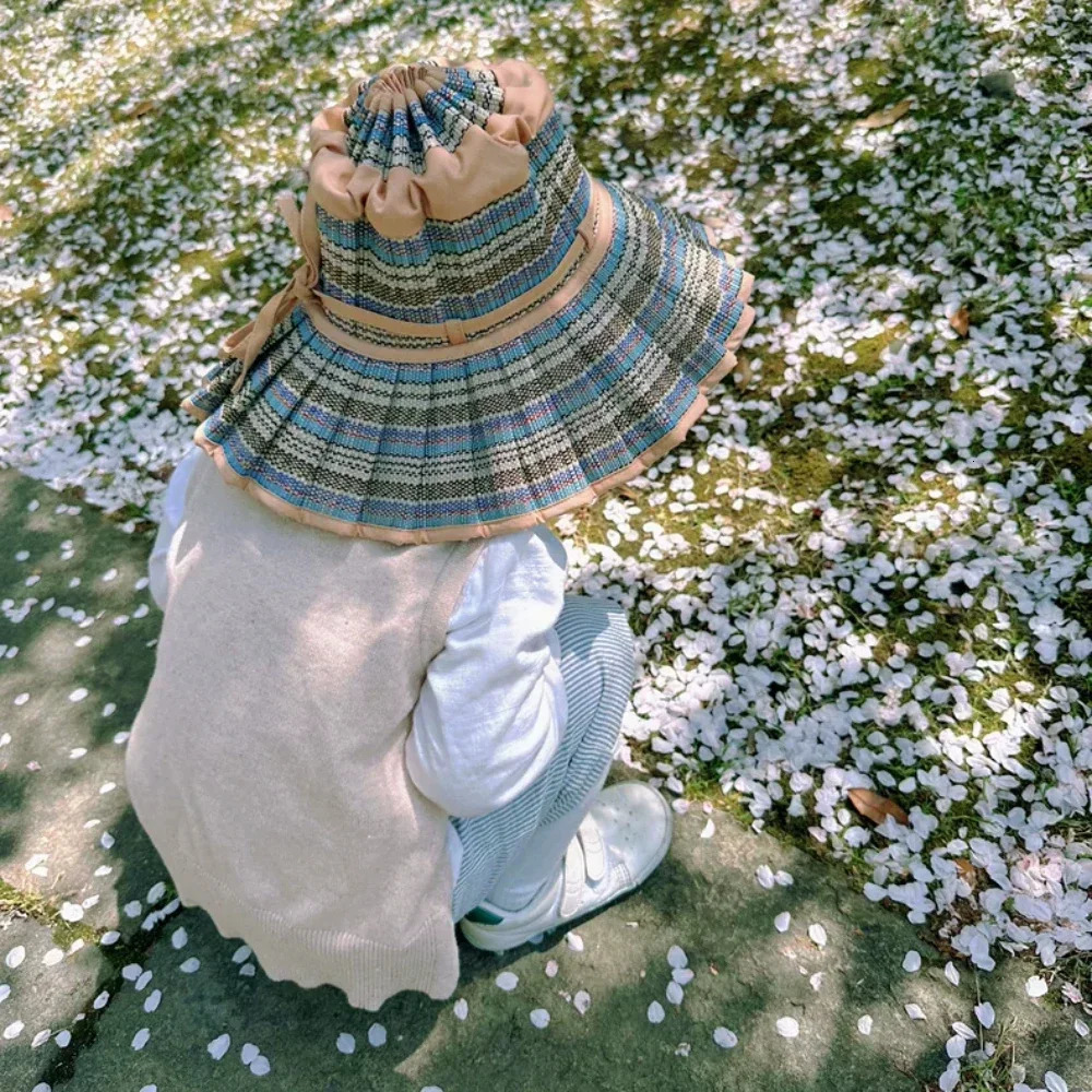 Y2K Parent-Child Summer Reversible Pleated Sun Hats for Women Casual Straw Hat Outdoor Beach Shade Straps Lady Caps Hats 250226