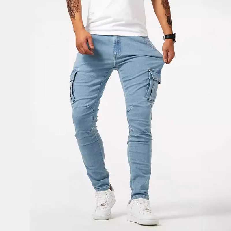 Street Elastic Jeans Pencil Pants Mens Denim Cargo Pants Solid Color Multi Pockets Casual Trousers Slim Fit Wear Joggers Brand X250227