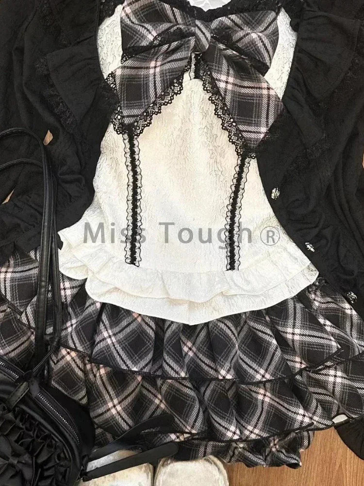 Autumn Winter Lace Skinny 3-piece Set Women Chic Slash Neck Sling Long Sleeve Cardigan High Waist Plaid Skirt Suit 250226