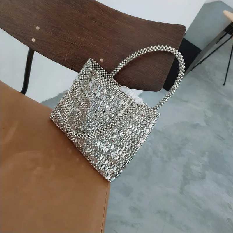 New Arrival Vintage Handmade Ladies Handbag Weave Beaded Fashion Silver Color Shining Sequin Shoulder Bag Clutches Womens Party Handbag T250227