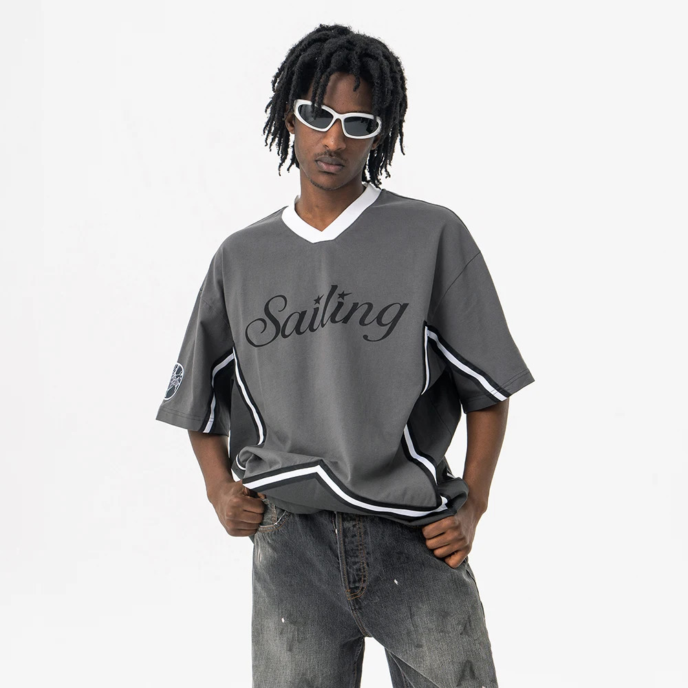 Superway Original Letter Printed T-Shirt Mens Patchwork Cotton Short Sleeves V-Neck Tees High Street American Style Tops 250225