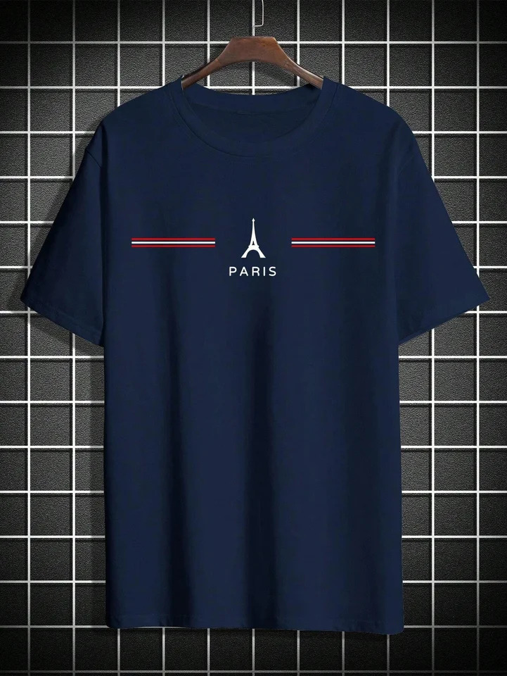 Mens 100% cotton summer loose size comfortable PARIS letter print slim fit casual sports round neck short sleeved T-shirt top 250227