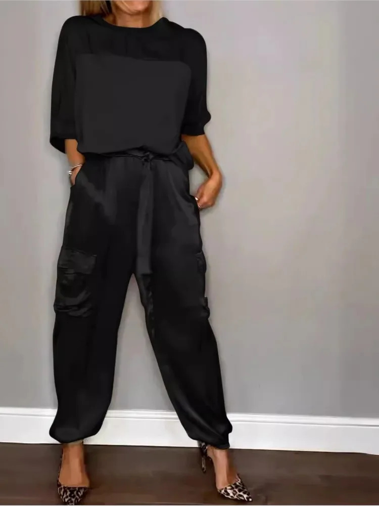 For Women Spring Summer Fashion Solid Color Satin Two Piece Set O Neck Long Sleeve Top Long Pants Casual Loose Two Piece Set 250320