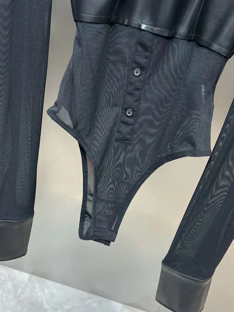 DEAT New Trendy Women's Mesh Spliced Leather Fake Two-piece Bodysuits 2025 Spring Fashion Long Sleeves Jumpsuit Female 11XX8010