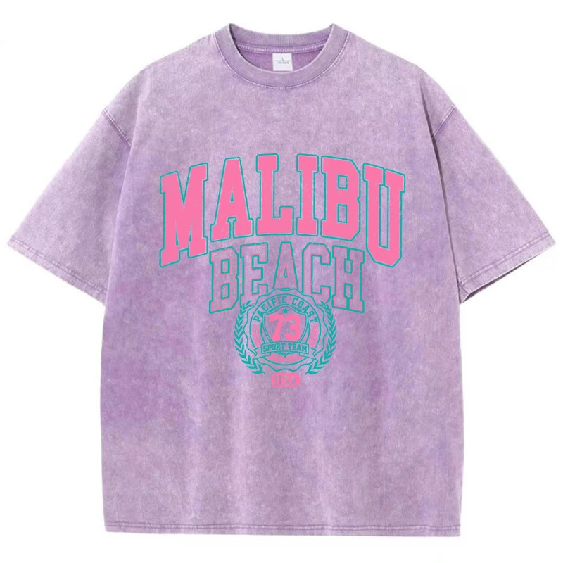 Malibu Beach Washed TShirt Women Letter Printing Cotton T Shirt Comfortable Crewneck Tops Casual Oversized Tees Female Clothes 250226