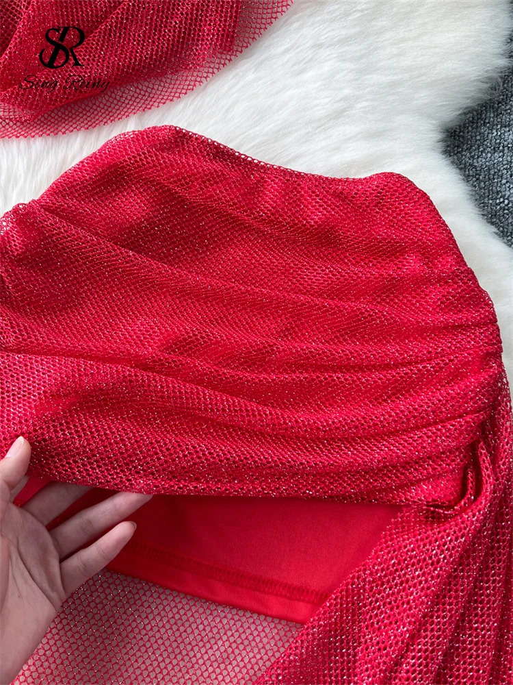 SINGREINY Sensual Vacation Styles Hoodeds Skirt Sets Mini TopShort Sim Skirt Set Female Shiny Hollow Out Irregualr Sheath Suits 250226