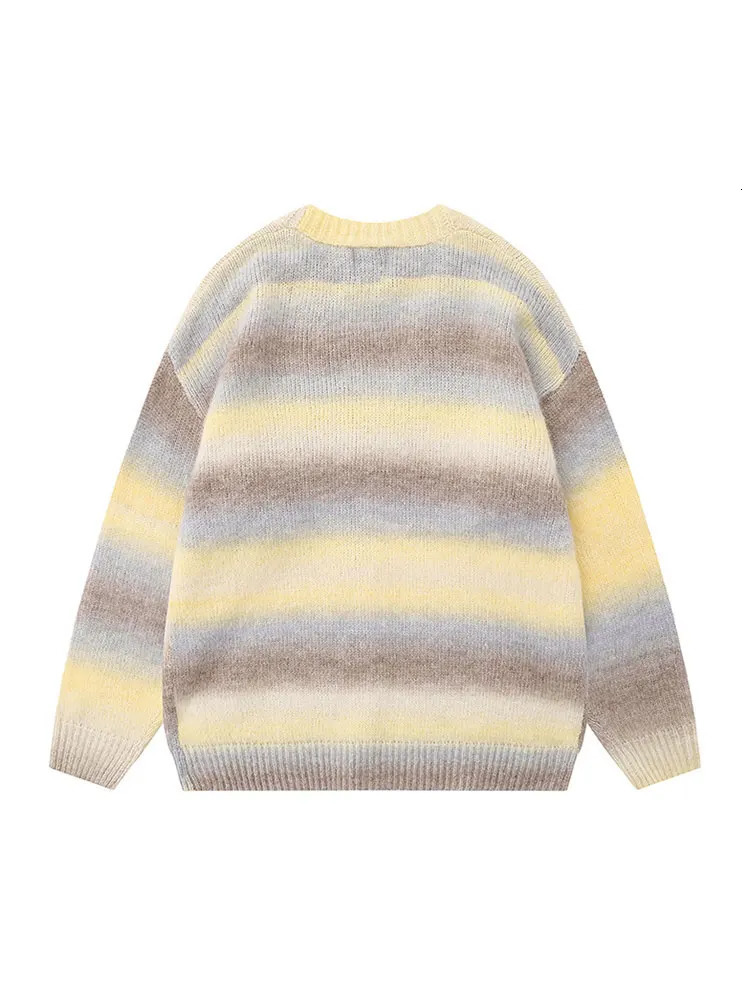 American Retro Striped College Style Knitted Sweater Unisex Autumn Vneck Casual Commuting Tops Fashion Mens Button Cardigan 250226