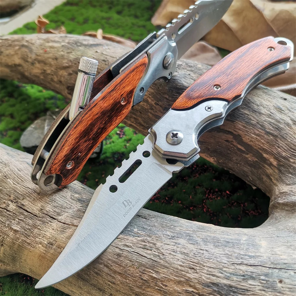 LED Light Folding Blade Knife with Wooden Handle for Hunting Self Defense and Survival Portable Versatile Pocket Knives 250217