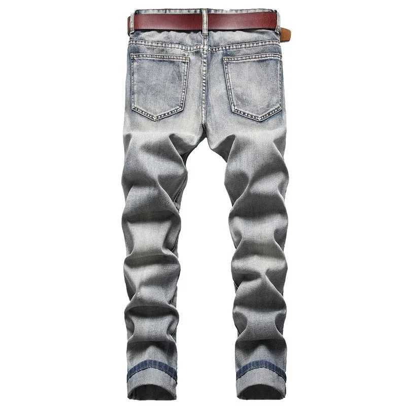 New Mens Nostalgic Ripped Jeans Embroidered Straight-leg Slim Fit Male Casual Colorblock Denim Trousers Mens Pants X250227
