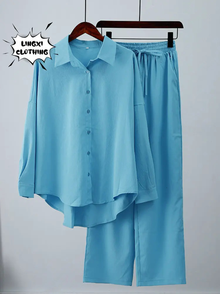 Summer Outfits for Women Fashion Loose Elastic Wrinkle Long Sleeve Shirt Wide Leg Pants Casual Set 2 Piece 250226