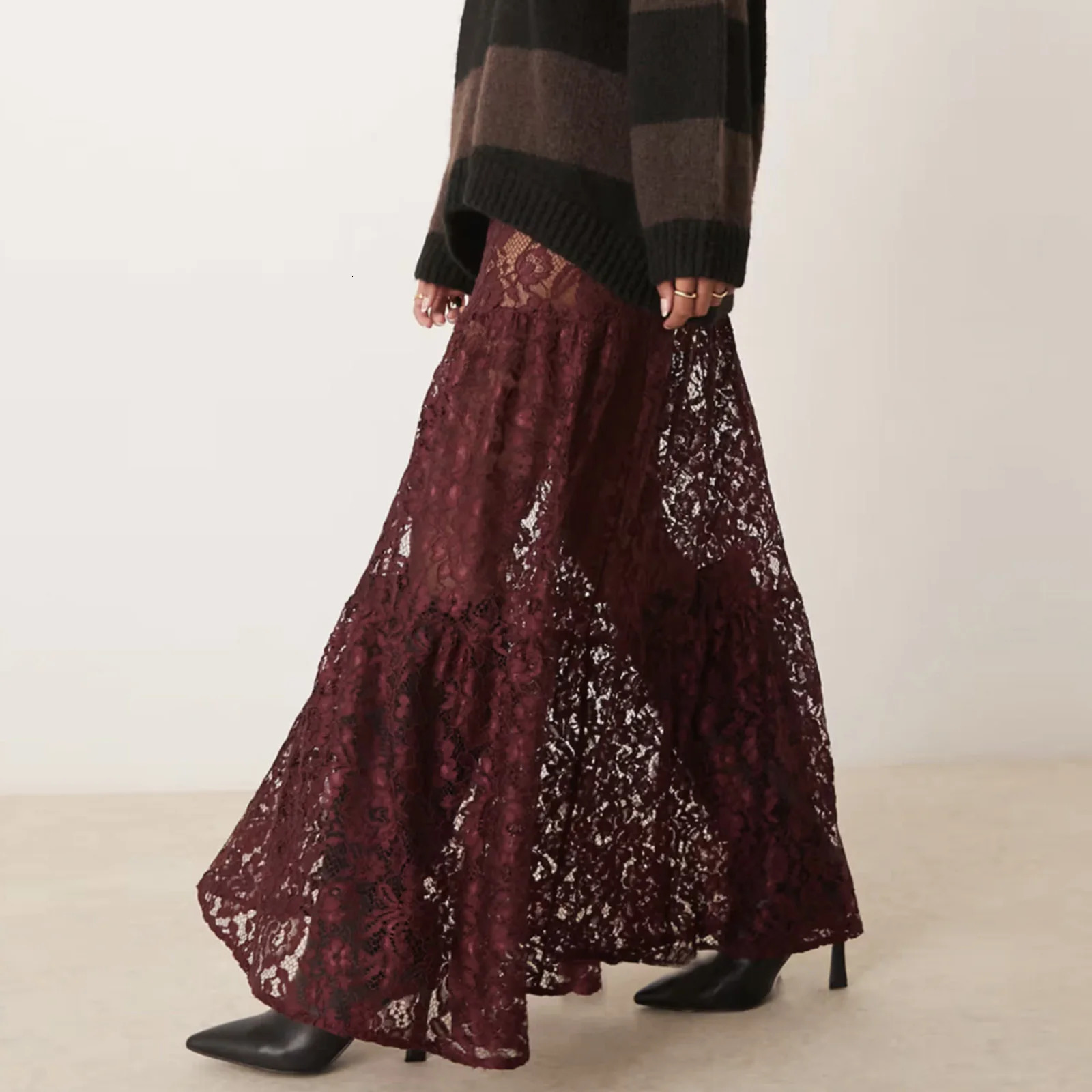 Combhasaki Womens Summer Y2K Vintage Floral Lace Sheer See-Through Elastic High Waist Ruffled Hem Swing A-Line Long Skirts 250224