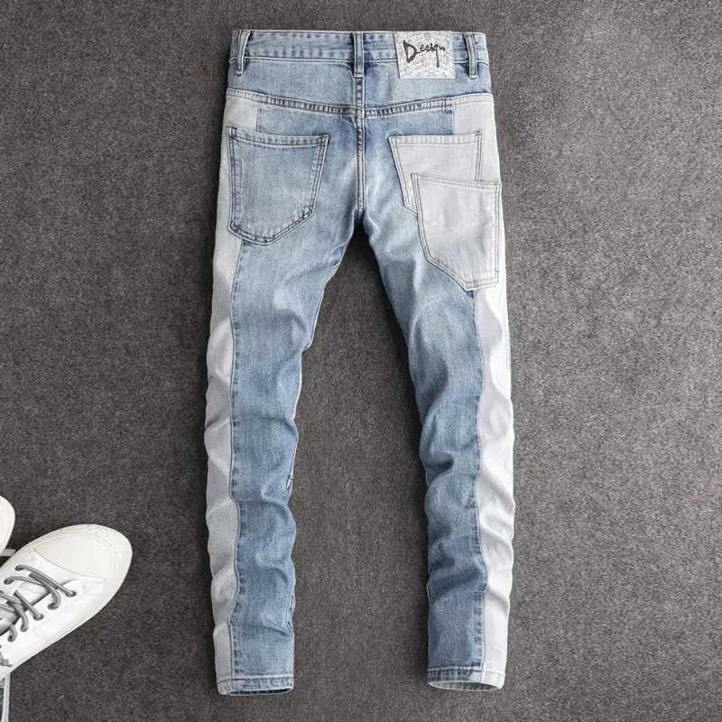 Streetwear Fashion Mens Jeans Retro Light Blue Elastic Slim Fit Ripped Jeans Men Spliced Designer Embroidery Hip Hop Denim Pants X250227
