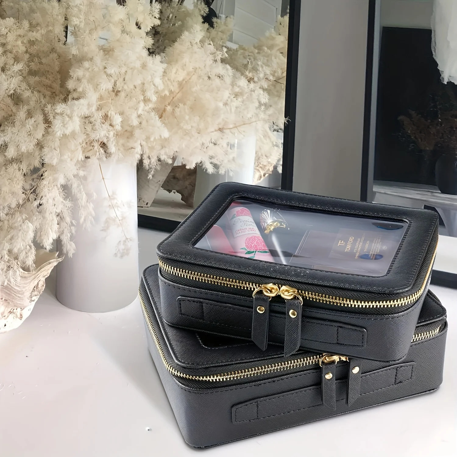 Ship from US UnisexAdult Waterproof PU Cosmetic Bag with Clear Window and Double Zippers Durable Saffiano Leather Travel Toiletry for W 250227FBB