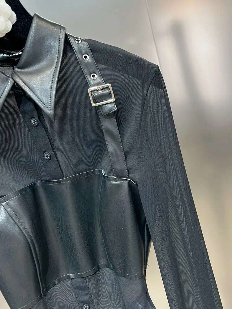 DEAT New Trendy Women's Mesh Spliced Leather Fake Two-piece Bodysuits 2025 Spring Fashion Long Sleeves Jumpsuit Female 11XX8010