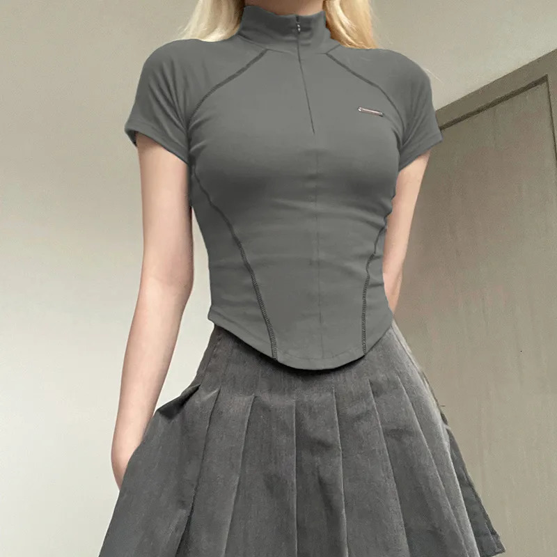 y2k Metal Crop Top Zipper Grey Short Sleeve Biker Moto Tee Korean Fashion Streetwear T Shirt Grunge Chic Outfits 90s 250226