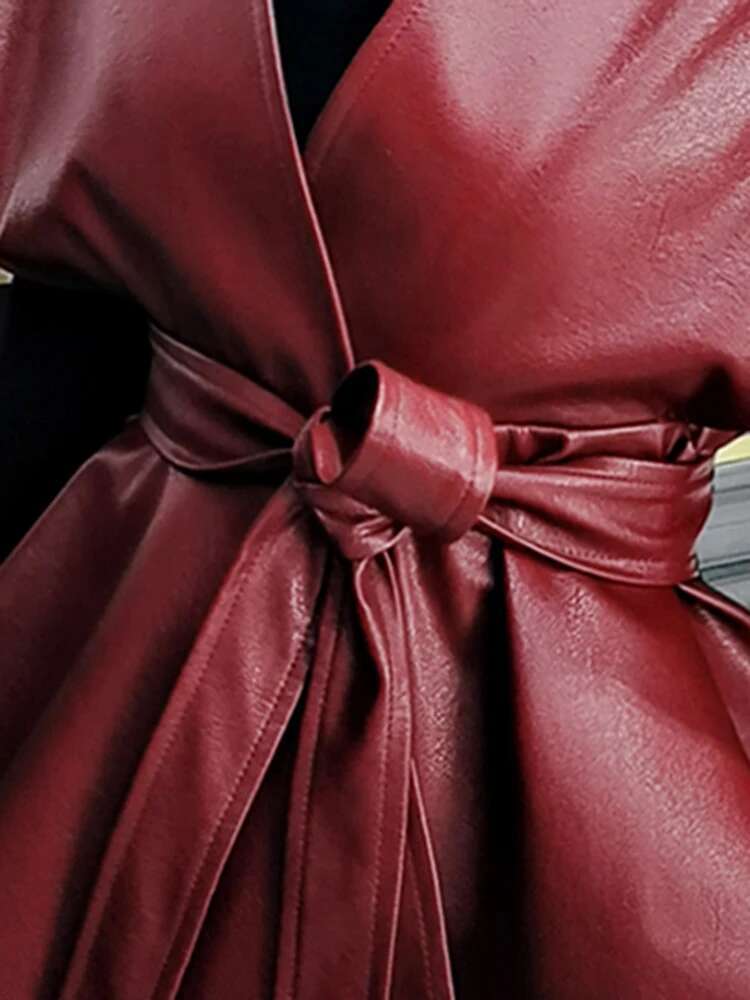 Lautaro Spring Designer Faux Leather Jacket Sashes Red Wine Cape Shawls For Women Gothic Cloak Runway Fashion 2022