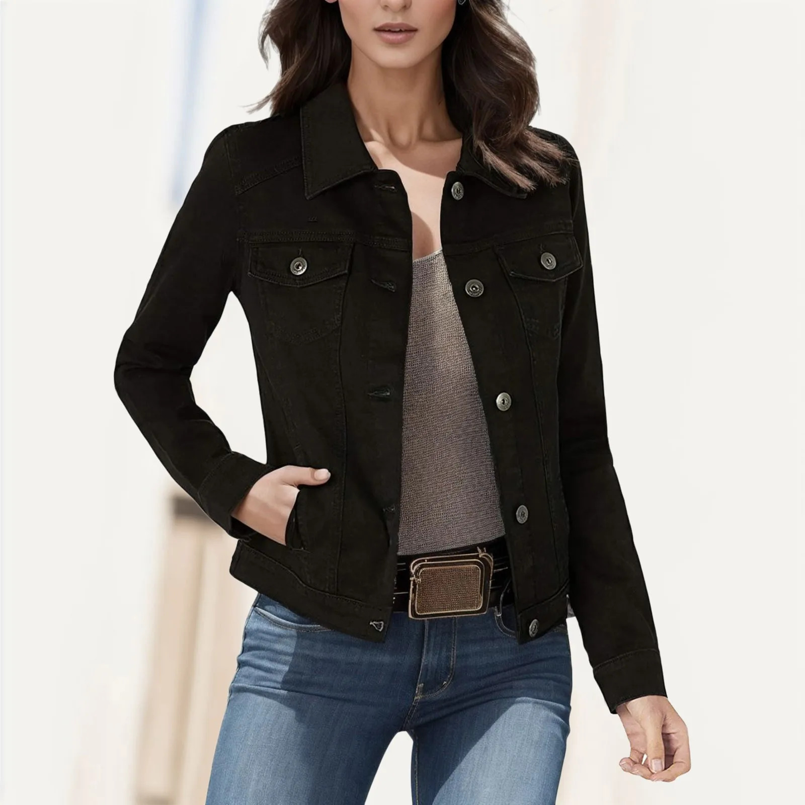 Womens Short Lapel Denim Jacket Women Loose Long Sleeve Student Tops Autumn Slim Fit Coat for Outerwear 250227