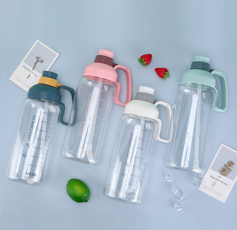 Motivational Large PC Plastic Sport Water Bottle with Straw and Portable Handle 1800ml