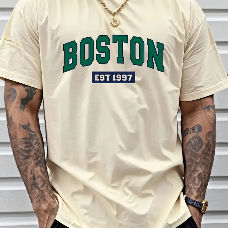 Boston EST1997 Retro Printed Mens Cotton Tshirt Fashion Casual Loose Summer Couple Short Sleeve Large Size 250225