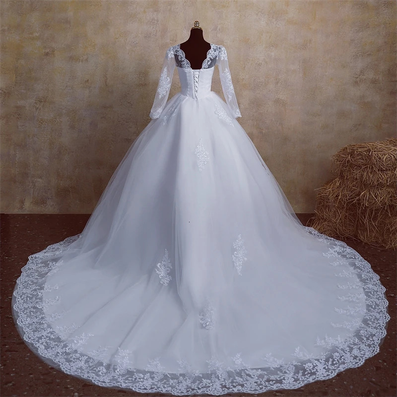 Y M V Neck Full Sleeve Customized Plus Size Vestido De Noiva 2025 Wedding Dress Long Train or Floor Appliqe Bridal Tulle Mariage 250224