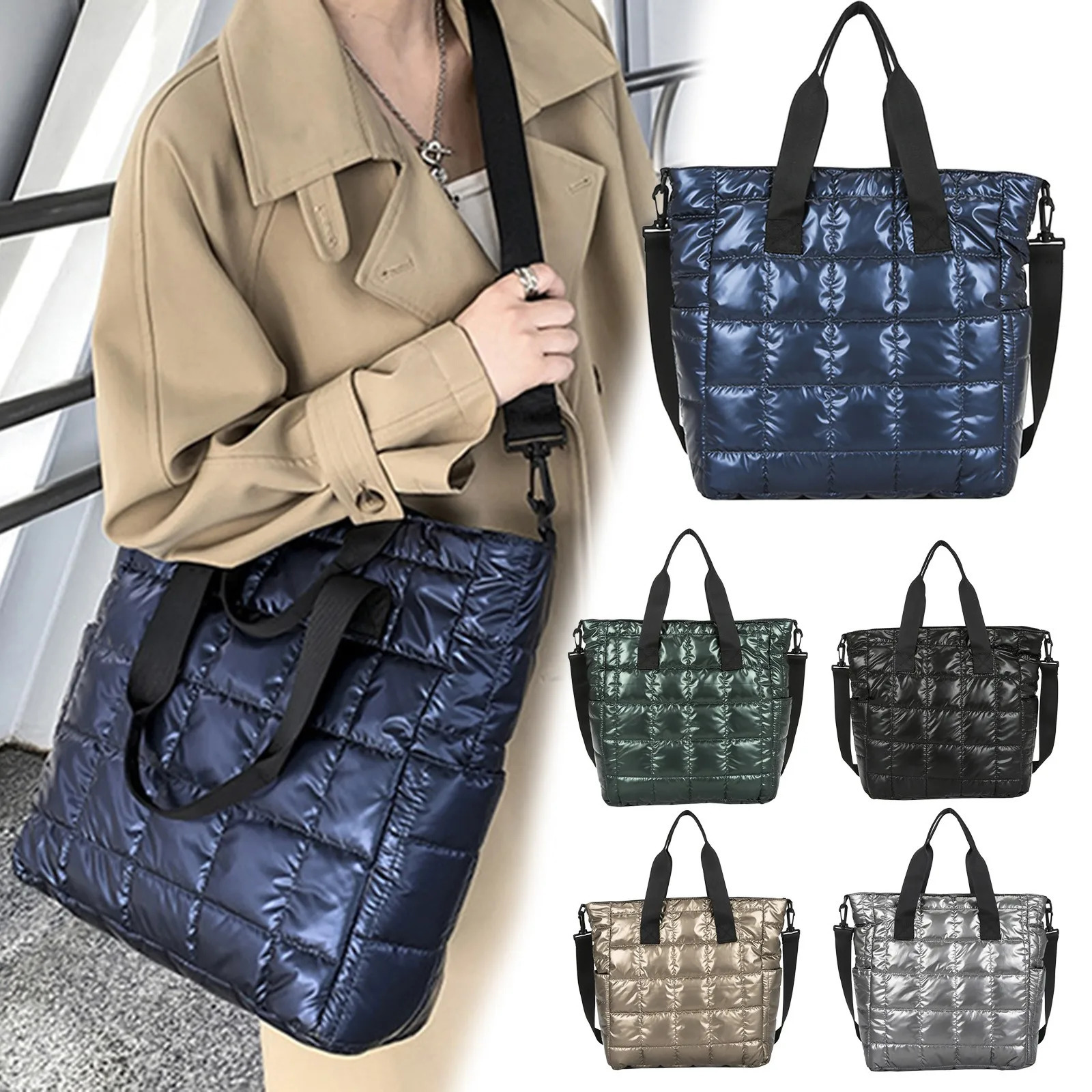 Ship from US Canvas Shoulder Bag Womens Bags Solid Color Plaid Quilted Large Capacity Zipper 250227FBB
