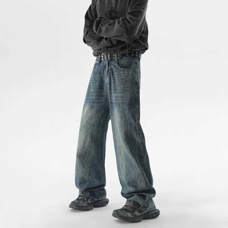 Autumn Mens Vintage Nostalgia Wide Legs Jeans High Street Casual Washed Distressed Baggy Straight Trousers Black Blue Male X250227