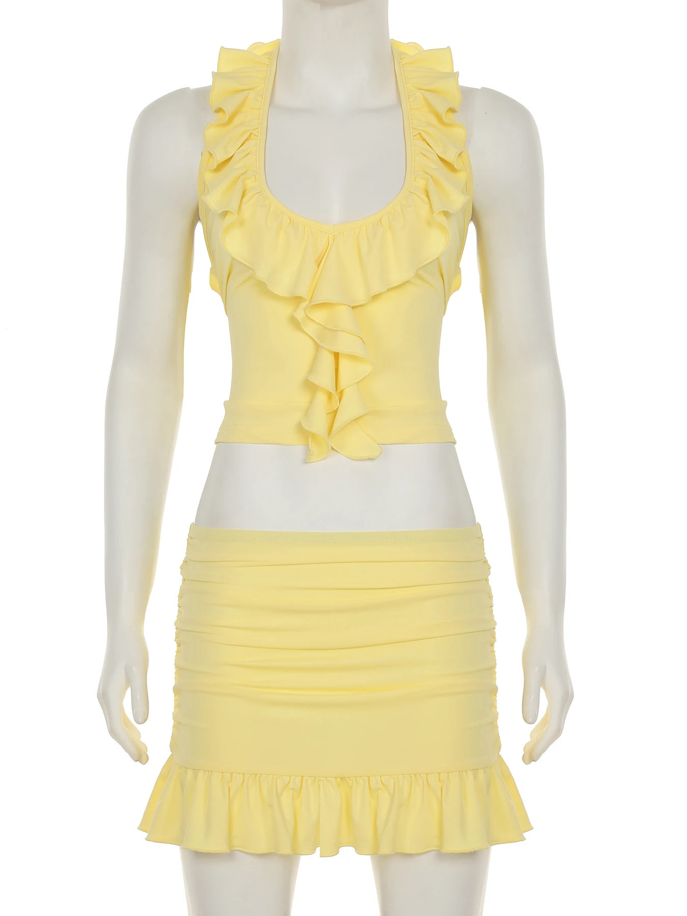 IAMSURE Holiday Riffles Dress Sets Beach Style 2 Piece Sets V-Neck Sleeveless Halter Tops Folds Mid-Waisted Mini Skirts Ladies 250227