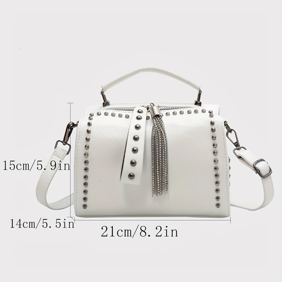 Ship from US Vintage Tassel Rivets Decor Handbag Ladies Fashion Punk Style Crossbody Boston Bag Womens Y2k Novelty 250227FBB