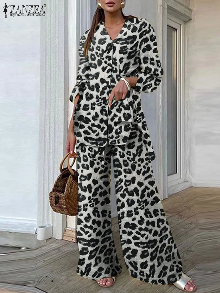 ZANZEA Vintage 2PCS Pant Sets Summer Women Fashion Leopard Printed Casual Loose Tops and Pant Outfits Wide Leg Pant Sets 250226