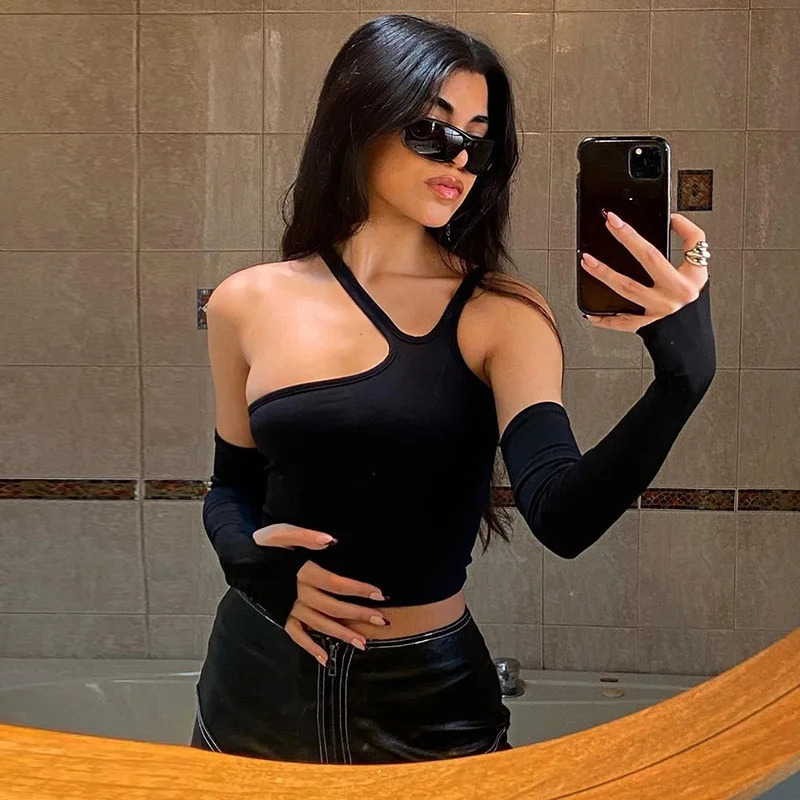 Autumn Fashion Casual Slim Solid Removable Sleeves Halter T Shirt For Women Streetwear Wild Basic Female Top 250226