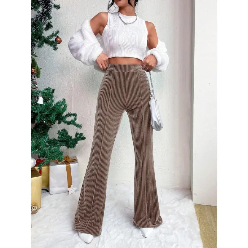 Solid Color Womens Velvet Pants Bell Bottom Flare Pants High Waist Warm Long Pants 250226