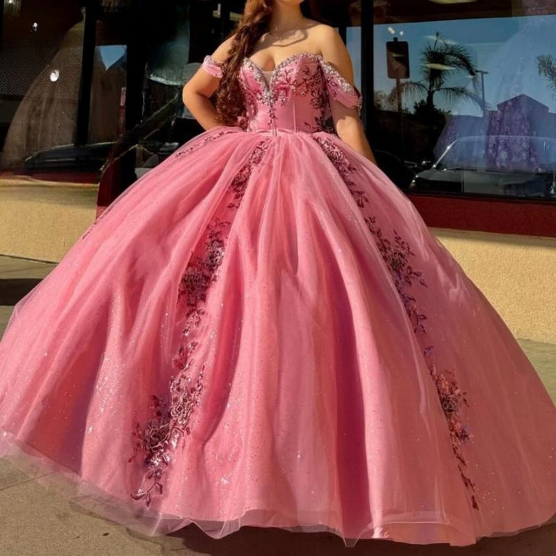 Rose Red Shiny Quinceanera Dresses Ball Gown Off The Shoulder Applique Bow Beading Crystal Tull Party Birthday Sweet 16 Vestidos 15 Anos