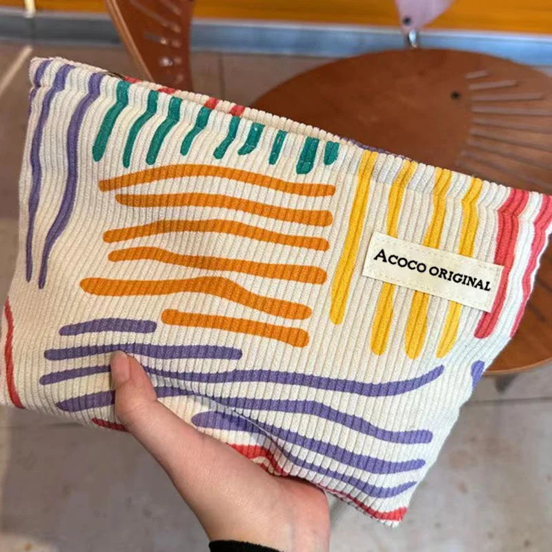 Ship from US Colorful Stripes Corduroy Cosmetic Bag Portable Travel Toiletry Skincare Sundries Aesthetic Makeup Storage Perfume shelf 250227FBB