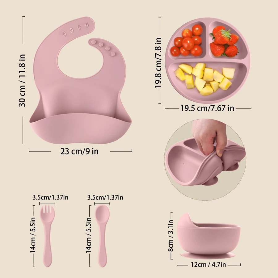 5Pcs Baby Silicone Feeding Set Round Dining Plate Sucker Bowl Dishes For Kids Baby Waterproof Bib Spoon Childrens Tableware 250227