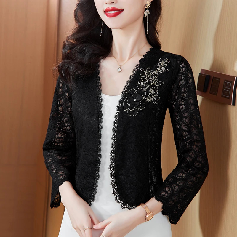 Spring Summer Long Sleeved Womens Fashionable Lace Jacket Elegant Slim Hollow Out Coats 250227