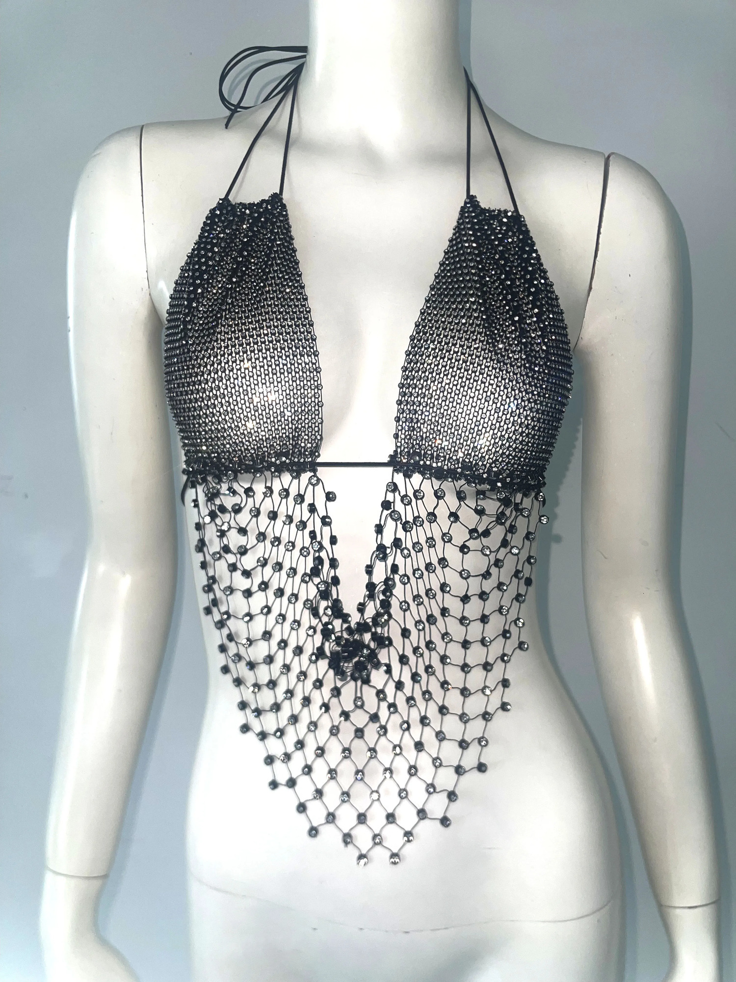 y Shiny Rhinestone Backless Tank Top For Women Sexy V Neck Halter Mesh Diamonds Tassel Camisole Party Club Sling 250226