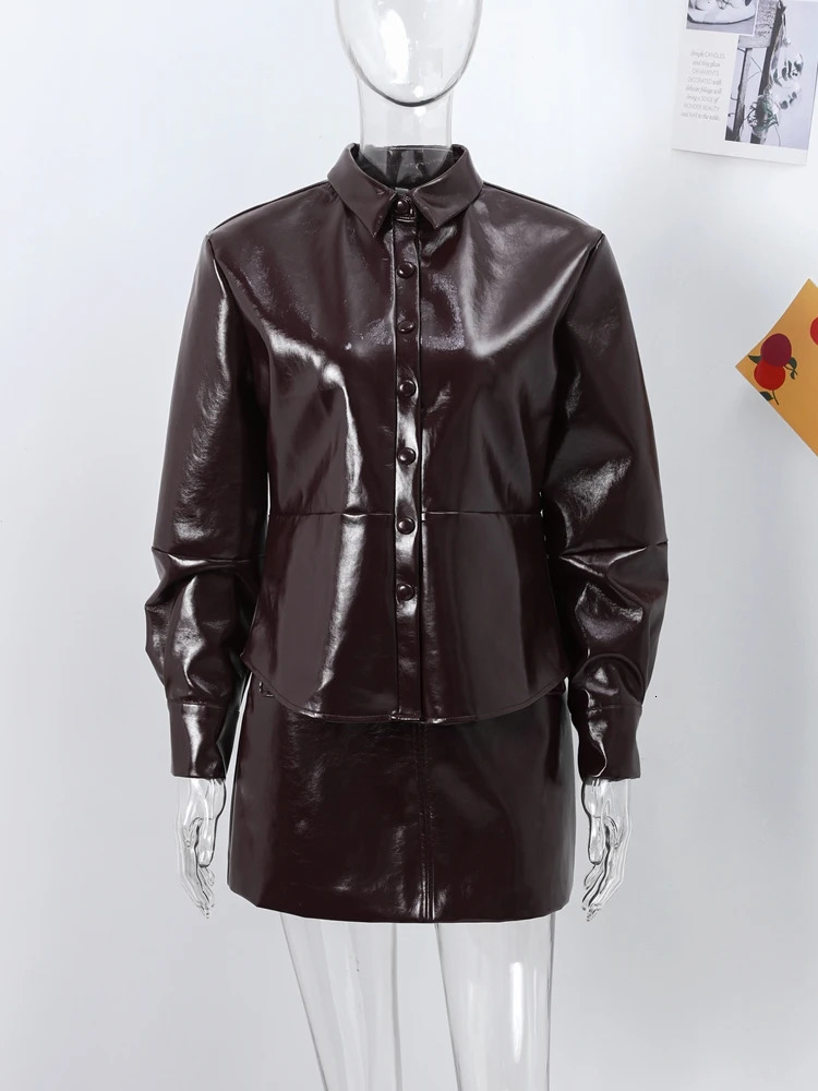 Fashion PU Leather Jacket Skirts Suits Women Long Sleeve Button Coat Hip Package Mini Skirt Autumn Street Y2k 2 Piece Set 250226