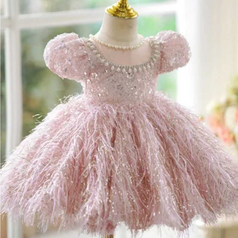 Girl's Dresses Fashionable baby girl princess sequined feather dress with fluffy sleeves childrens pearl Visconti party baby clothing 2-14Y Y2502