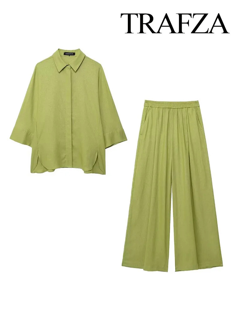 TRAFZA Womens 2piece Elastic Waist Pocket Folding Decorative Wide Leg PantsSolid Single Chest Seam Bottom Shirt Top TRAF 250226