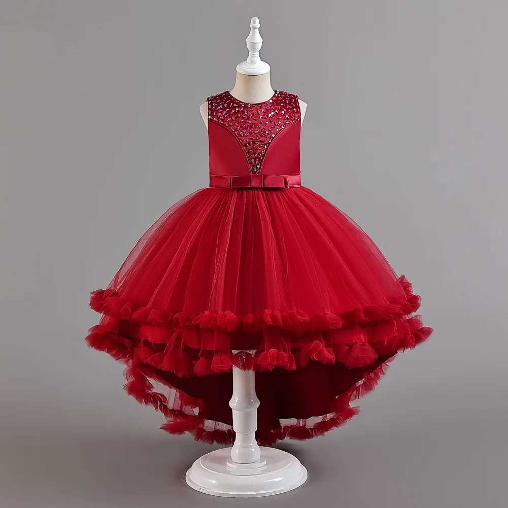 Girl's Dresses European style banquet evening dress for baby girls red green pink yellow sequin children birthday party tail girl wedding dress Y
