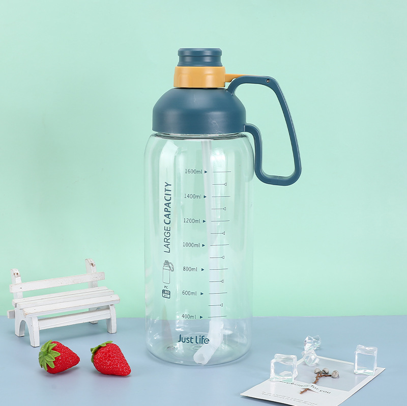 Motivational Large PC Plastic Sport Water Bottle with Straw and Portable Handle 1800ml