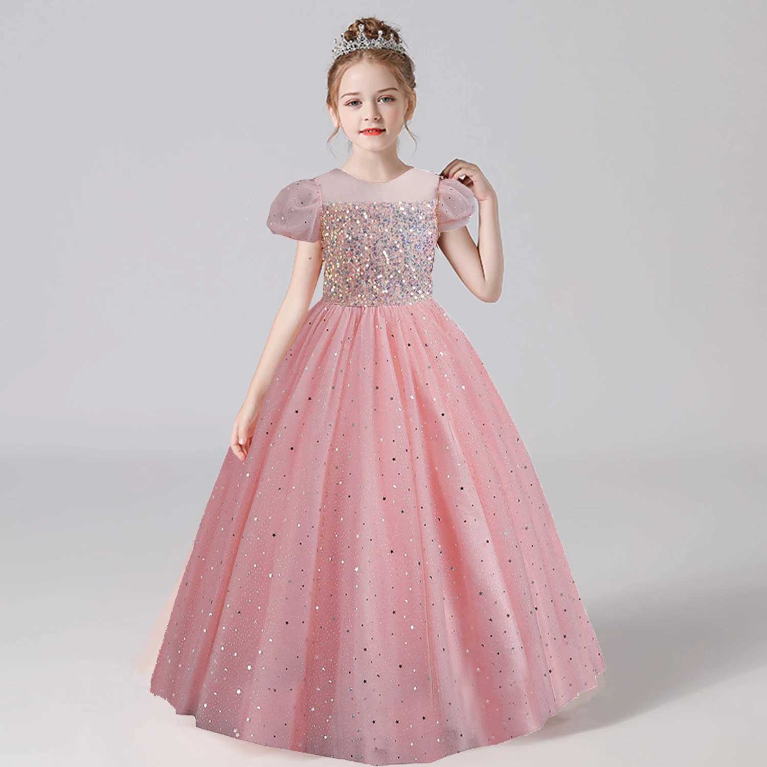 Girl's Dresses Shining toddlers big girls sequins puffs sleeves floral girls birthday party dresses formal evening dresses Y2502276TJP