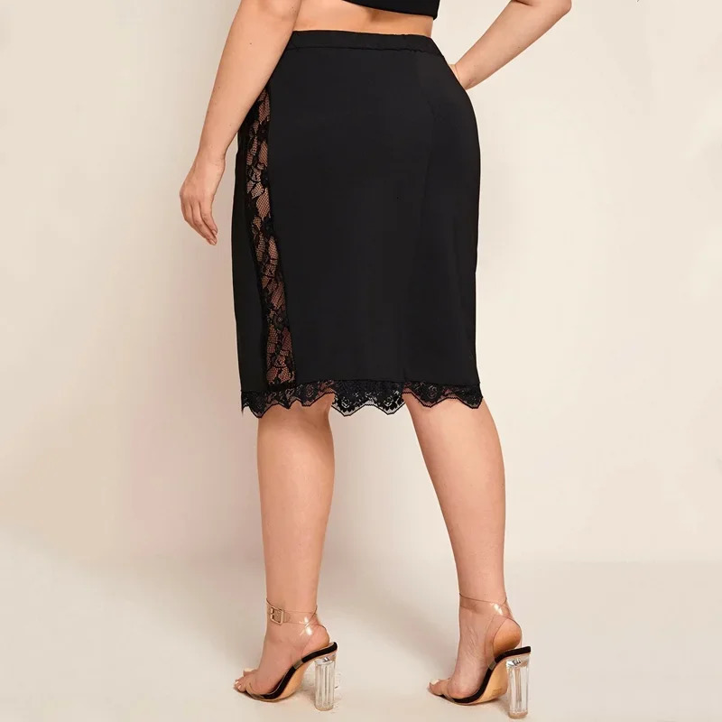 Plus Size Elastic Waist Sexy Summer Elegant Bodycon Skirt Women Lace Trim Black Business Casual Midi Skirt Work Office Skirt 6XL 250224