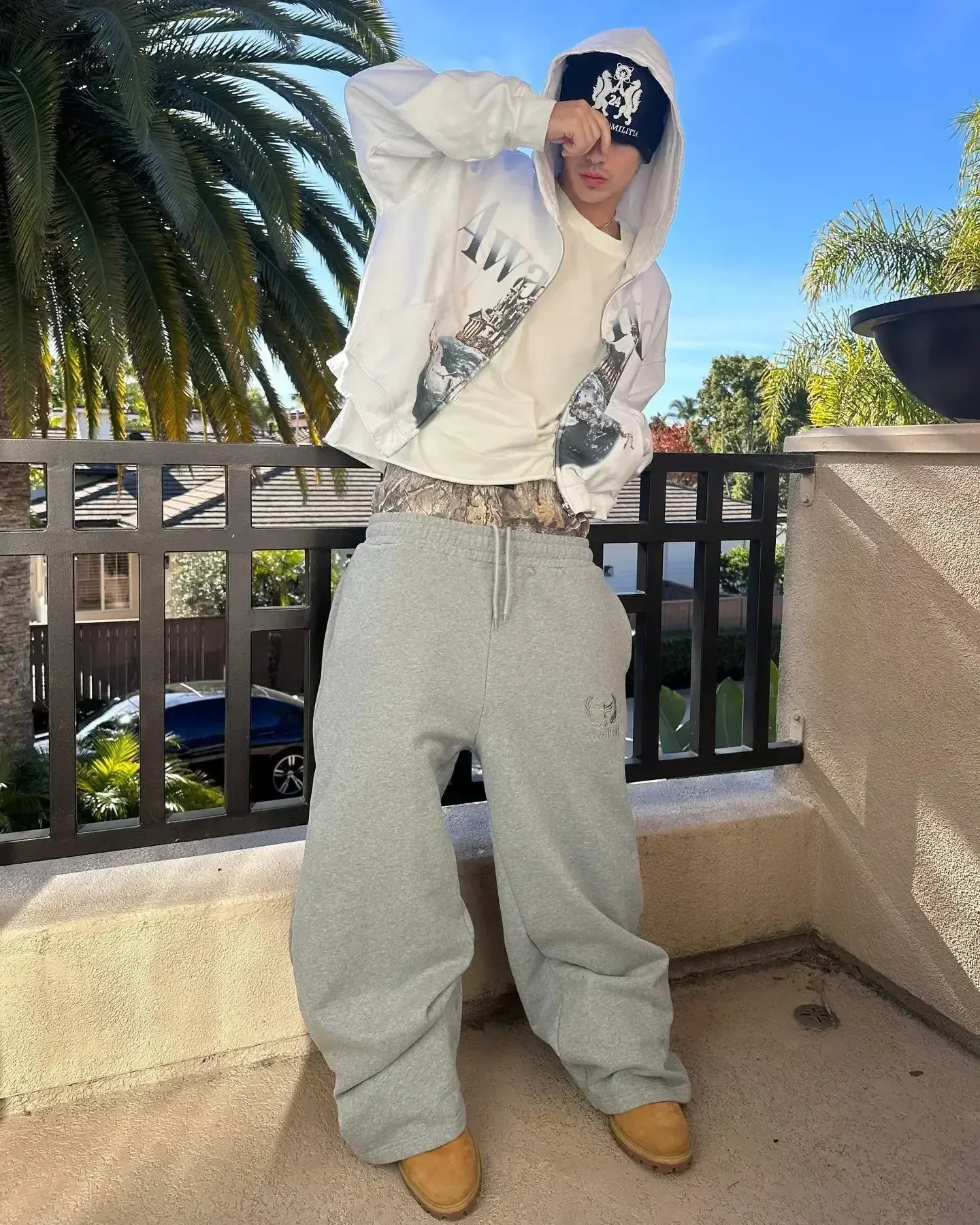 Double-cuff womens casual pants patchwork high-waisted n retro straight-leg sweatpants Korean fashion slim and loose 250226