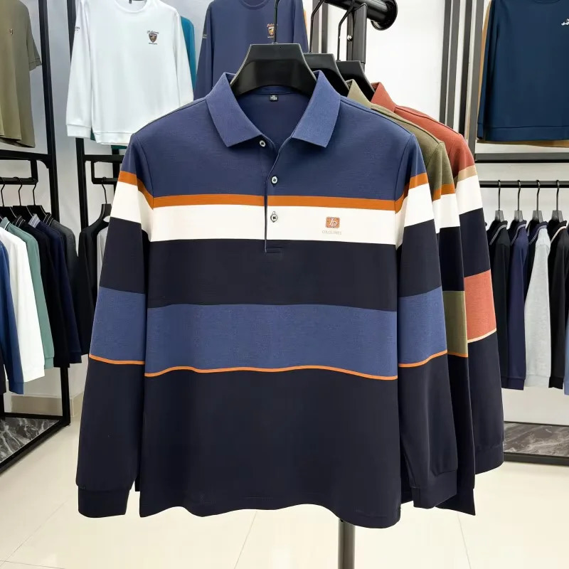 High end striped long sleeved fashionable embossed mens polo shirt 2025 Autumn silk cotton comfortable casual T-shirt 250224