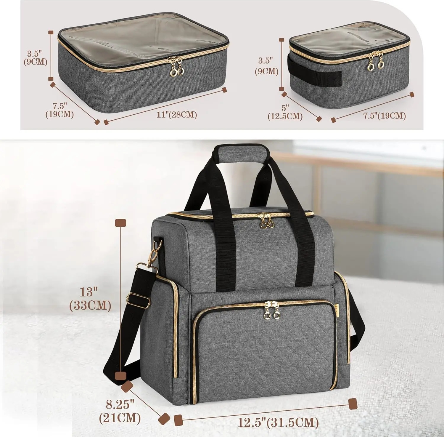 Ship from US Large Travel Makeup Bag with 3 Removable Cases Cosmetic Detachable Dividers Patent Pending Gray 250227FBB